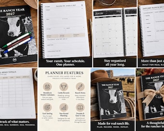 May include: A spiral-bound 2027 ranch business planner featuring a black and white cow on the cover, with interior pages for weekly schedules, monthly calendars, cattle records, and annual herd totals, presented with pens and a gift-wrapped option.