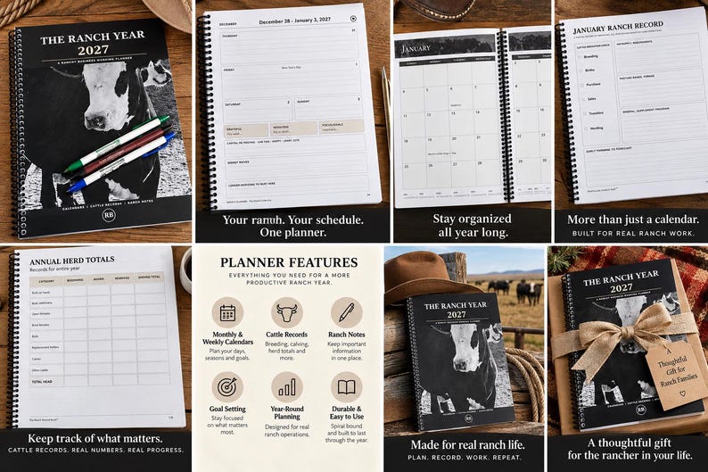 May include: A spiral-bound 2027 ranch business planner featuring a black and white cow on the cover, with interior pages for weekly schedules, monthly calendars, cattle records, and annual herd totals, presented with pens and a gift-wrapped option.
