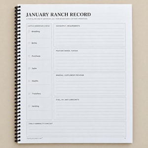 May include: A white spiral-bound January Ranch Record logbook page with black text. It features a Cattle Operation Check column with checkboxes for breeding, births, purchase, sales, deaths, transfers, and herding, plus lined sections for farm operations.