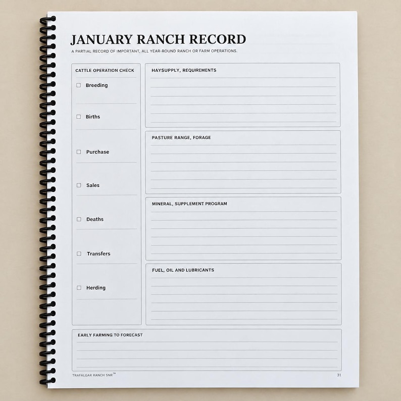 May include: A white spiral-bound January Ranch Record logbook page with black text. It features a Cattle Operation Check column with checkboxes for breeding, births, purchase, sales, deaths, transfers, and herding, plus lined sections for farm operations.