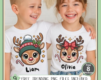 Personalized Kids Reindeer Christmas PNG | Matching Boy and Girl Holiday Deer Design for T-Shirts, Mugs, Cards | Whimsical Reindeer Face PNG