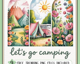 Let’s Go Camping PNG – Retro Camper Van, Mountain Tent & Wildflower Scene, Summer Adventure Sublimation, Outdoor Nature PNG, Family Camping