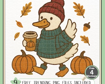 Op de afbeelding: Geborduurde illustratie van een eend met een bordeauxrode gebreide muts en een tealkleurige trui, die een pumpkin spice latte vasthoudt. Twee oranje pompoenen en herfstbladeren omringen de eend. De tekst luidt "9 FREE TRENDING PNG FILES INCLUDED".