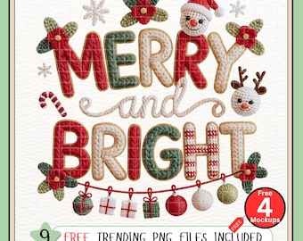 Christmas Merry and Bright PNG Digital Download, Faux Yarn Crochet Christmas Clipart, Cozy Knitted Holiday PNG, Cute Winter Crochet Decor