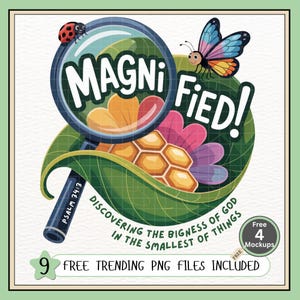 Christian VBS PNG – Magnified Bible Verse Psalm 34:3 Digital Download, Discovering God’s Greatness Nature Theme, Religious Kids Church Camp