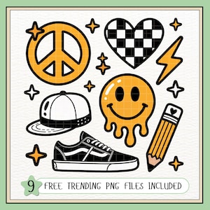 Niño moderno PNG, Niños retro PNG, Estética de los 90 PNG, Niño hipster PNG, Símbolo de la paz vintage, Corazón a cuadros, Cara sonriente goteando, Zapatillas de skate