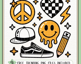 Trendy Boy PNG, Retro Kids Png, 90s Aesthetic PNG, Hipster Boy PNG, Vintage Peace Sign, Checkered Heart, Dripping Smiley Face, Skate Sneaker