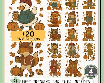 Cozy Autumn Animals PNG Digital Download – Fall Sublimation Bundle with Cute Woodland Creatures – Thanksgiving and Harvest Clipart