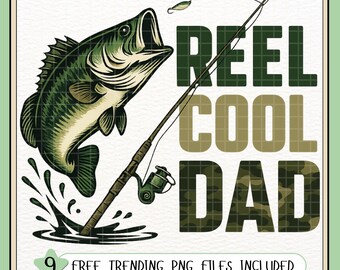 Reel Cool Dad PNG: Diseño de sublimación para papá pescador, clipart de camiseta del Día del Padre, regalo para cazador de lubinas con caña PNG, camuflaje para amantes de la naturaleza PNG
