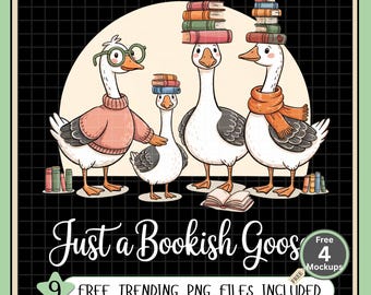 Bookish Goose PNG - Cute Goose Reading Digital Download, Funny Goose with Books Clipart, Fall Reading Sublimation Design, fall goose png