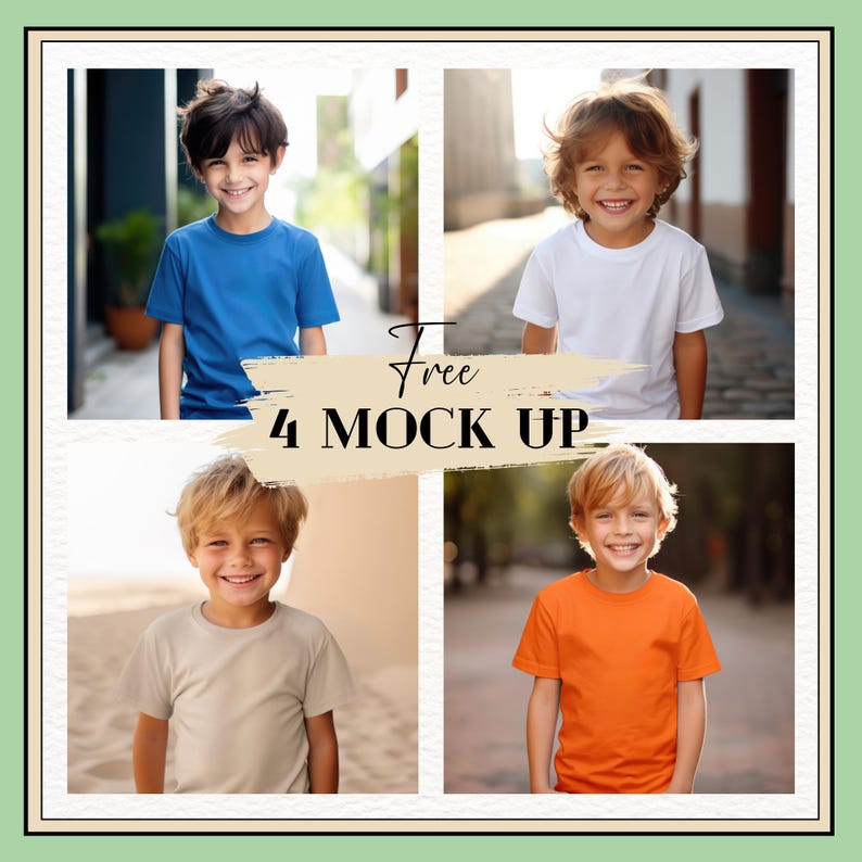 Puede incluir: Un montaje de cuatro paneles con ni&ntilde;os que visten camisetas azules, blancas, beige y naranjas. El texto "Free 4 MOCK UP" est&aacute; superpuesto. Cada ni&ntilde;o sonr&iacute;e, con fondos variados.