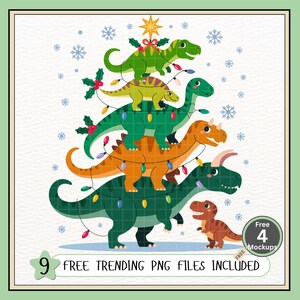 May include: A whimsical illustration of a Christmas tree made of colorful dinosaurs. The tree is decorated with string lights and topped with a star. The image includes the text "9 FREE TRENDING PNG FILES INCLUDED" and "Free 4 Mockups".