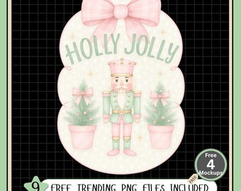 ホリージョリーくるみ割り人形 PNG | パステルピンク＆ミントクリスマス昇華 | シャツ、マグカップ、ステッカー、カード用のコケットくるみ割り人形クリスマスPNG