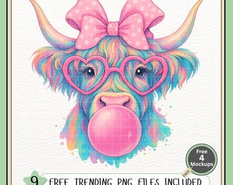 Highland Cow PNG: Bubblegum, Bow & Heart Glasses (Digital Download