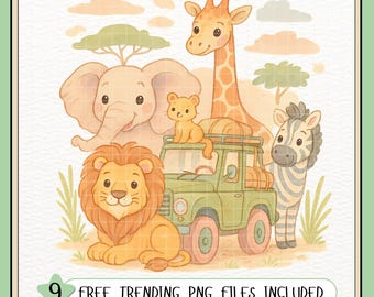 Animales de safari en acuarela PNG / Imágenes prediseñadas de animales de la selva lindos / Decoración de habitación infantil PNG de sublimación para camisetas, calcomanías, invitaciones, impresiones de guardería