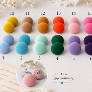 May include: A collection of fabric-covered buttons in eighteen distinct colours, arranged in rows and numbered 1 through 18. Each button has a smooth, matte texture. A circular inset shows the metal shank back, with text stating 17 mm size.