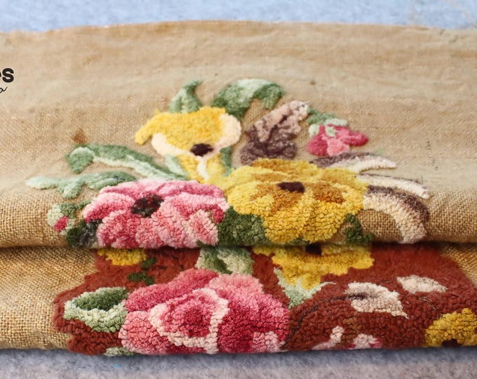 Burlp Rug Vintage Hand Hooked Burlap Rug Floral Panels, Unfinished Rittermere ...