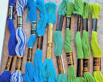 Blue Green Cotton Embroidery Floss Set, 10 Vintage Skeins