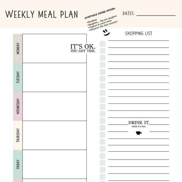 Weekly Meal Planner with Shopping List // Printable Template // Digital Product // 7 Day Meal Plan // Food Planner // Funny // Parenting