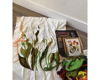 Vtg Creative Crewel Kit Tulips 7302 18" x 24" Partially Completed Kit Wool Yarn