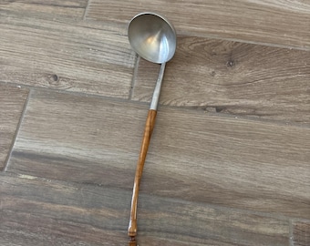 Antique Unmarked Pewter Ladle with Wooden Handle and Hemispherical Shaped Bowl