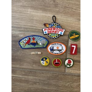Op de afbeelding: Een verzameling geborduurde patches met diverse ontwerpen. Inclusief een "Pinewood Derby 2024" patch, een patch met een kardinaal en een woestijnscène, en patches met tekst zoals "Scouting for Food" en het nummer "7".
