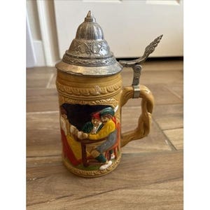 Vintage 1960s German Style Beer Stein Mug Pewter Lid