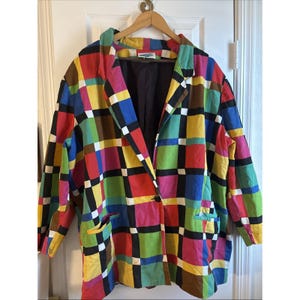 Susan Graver Vintage jaren 80 katoenen blazer met kleurblokken en vierkantjes, veelkleurig, maat Large