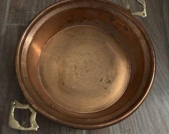 Antique Vtg Copper Saute Pan Pot with Brass Handles 11" Long x 2" Deep