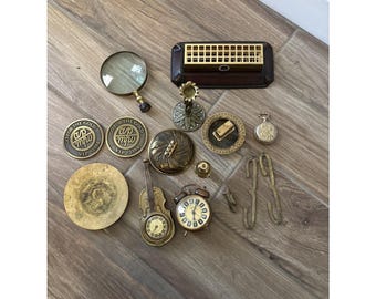 Vintage Brass Random Lot Figurines Clocks, Eagle Pendant, Magnifying Glass
