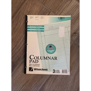 May include: A Wilson Jones columnar pad with 50 sheets of non-glare green bond paper. The pad is 11" x 8.5" and has 3 columns. The cover features the words "COLUMNAR PAD" and "Ideal for computer spreadsheet input".