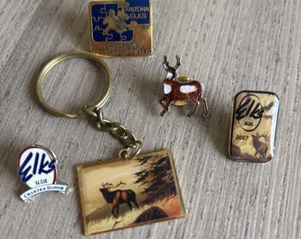 Vintage Big Buck Elk Keychain And Pins Lot Of 5 - Elks USA
