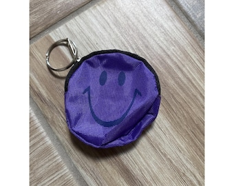 Vtg Smiley Face Small Zippered Coin Purse Bag Keychain Chain Fob Purple