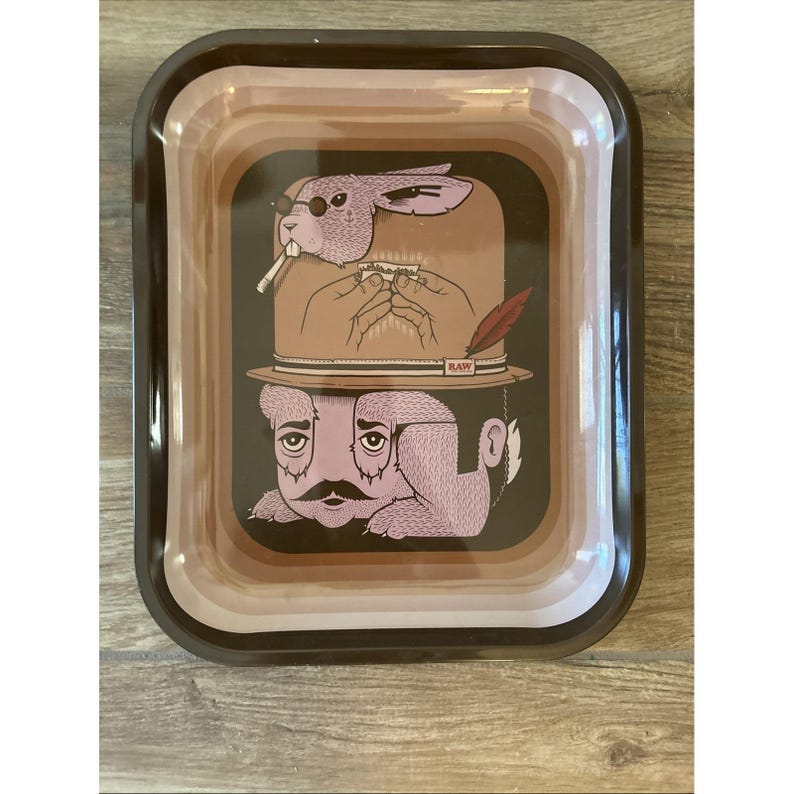 RAW Natural Rolling Papers Metalltablett Mann mit Kaninchen - Selten Bild 1