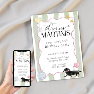 Editable Weenies and Martinis Birthday Invite | Weenies and Martinis | Girls Dinner Invitation, Martini theme bachelorette, weenie dog party