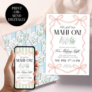 May include: An invitation design with the text "Let's get our MAHJ ON!" and "Fun Mahjong Night." The invitation features pink bows and Mahjong tile illustrations. A phone displays the same design. A background shows Mahjong tiles.