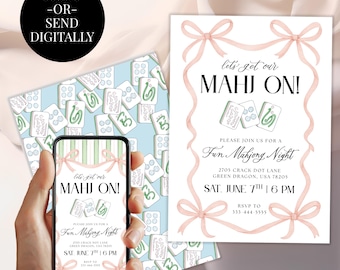 May include: Invitation design with the text "Let's get our MAHJ ON!" and "Fun Mahjong Night." The invitation features pink bows and Mahjong tile illustrations. A phone displays the same design. A background shows Mahjong tiles.
