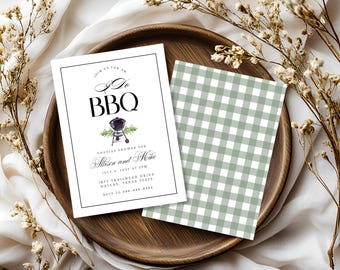 Modello di invito per la festa di coppia "I Do BBQ" modificabile, invito per festa di barbecue in giardino, invito per grigliata estiva rustica, download digitale, verde