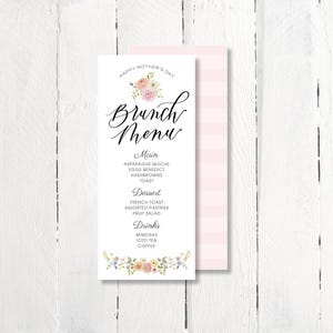 Plantilla de menú de brunch para el Día de la Madre, menú floral editable para el Día de la Madre, menú de brunch imprimible en acuarela rosa, menú rosa elegante, mimosas y mamá