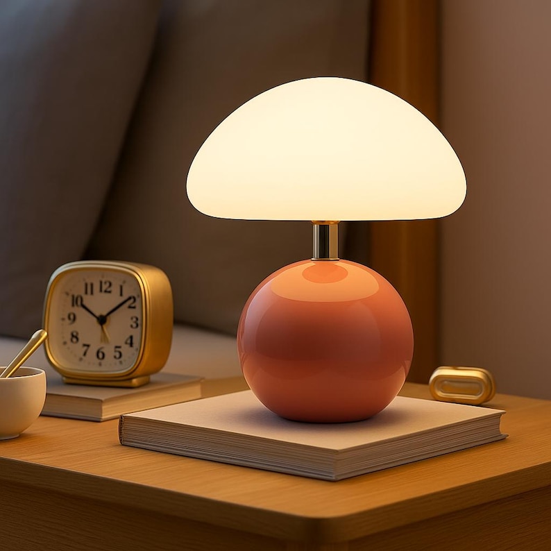 May include: A modern table lamp with a coral-colored spherical base and a white, mushroom-shaped shade. The lamp sits on a book, next to a gold-colored alarm clock and a small gold-colored container. The lamp is a decorative lighting fixture.