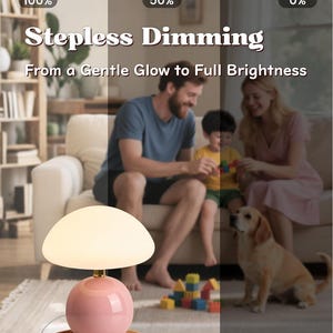 May include: A pink mushroom-shaped table lamp with a white lampshade sits on a small wooden stool. The lamp has a round base and a gold-colored stem. Text on the image reads "Stepless Dimming From a Gentle Glow to Full Brightness."