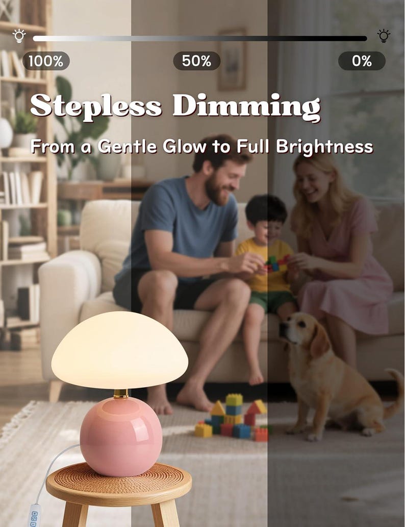 May include: A pink mushroom-shaped table lamp with a white lampshade sits on a small wooden stool. The lamp has a round base and a gold-colored stem. Text on the image reads "Stepless Dimming From a Gentle Glow to Full Brightness."