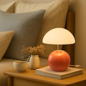 May include: A coral-colored bedside lamp with a rounded base and a white, dome-shaped shade. The lamp sits on a wooden nightstand next to a small vase of dried flowers, a cup, and a book. The scene is illuminated by the lamp.