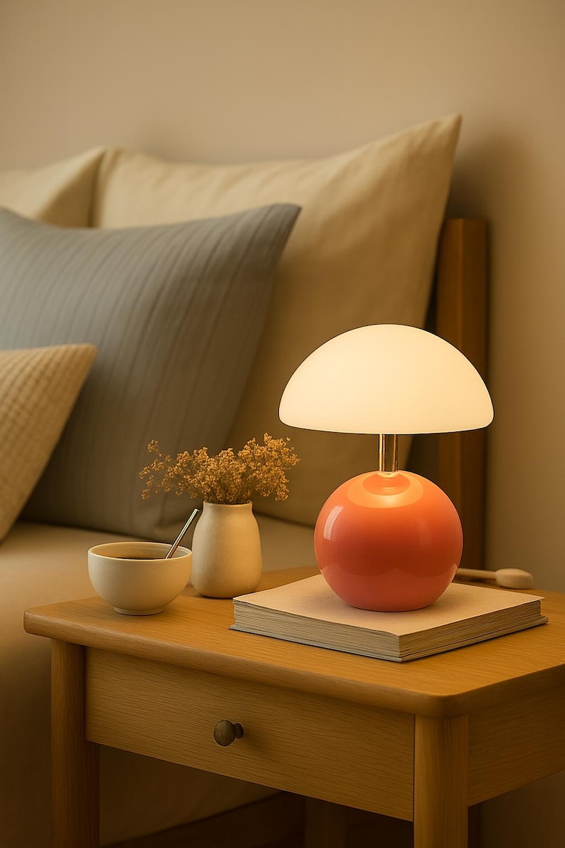 May include: A coral-colored bedside lamp with a rounded base and a white, dome-shaped shade. The lamp sits on a wooden nightstand next to a small vase of dried flowers, a cup, and a book. The scene is illuminated by the lamp.