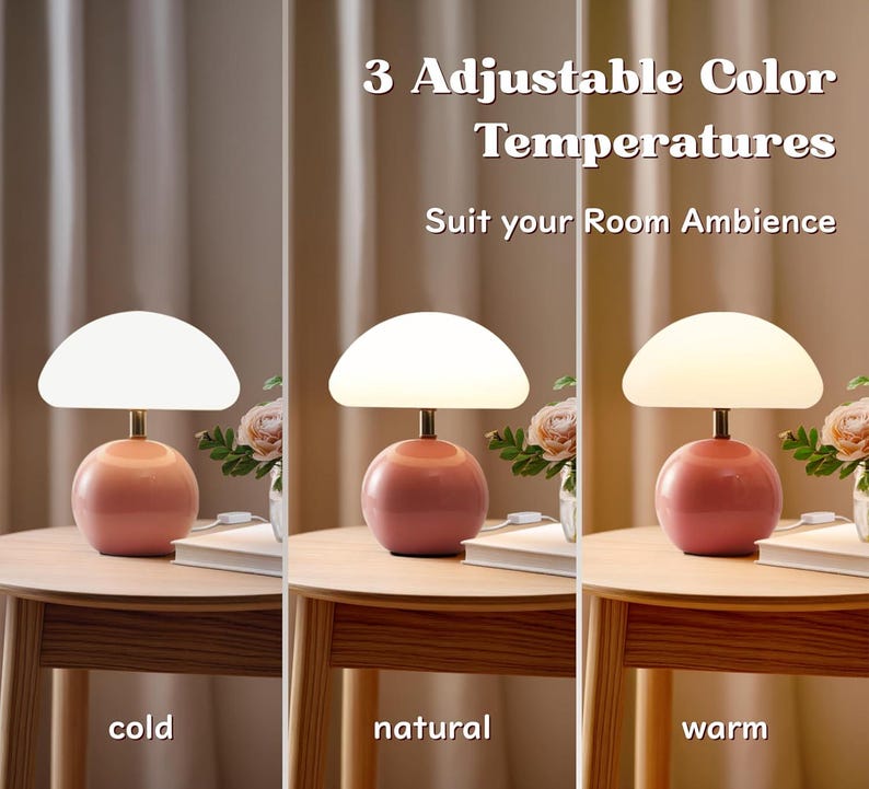 May include: A set of three pink table lamps with adjustable color temperatures. Each lamp has a round base, a gold stem, and a white, mushroom-shaped shade. The text reads "3 Adjustable Color Temperatures. Suit your Room Ambience."