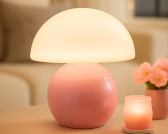 Pink Mushroom Lamp: Dimmable Bedside Table Light, USB Plug-In