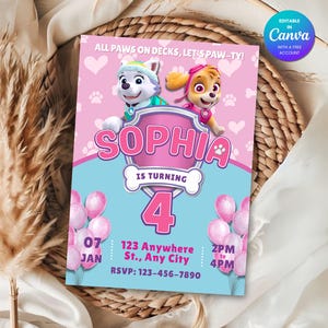 Editable Birthday Girl Paw-ty Invitation Template Girl Pup Patrol Crew Printable Invitation Everest Skye Girl Pup Power Skye Birthday Invite