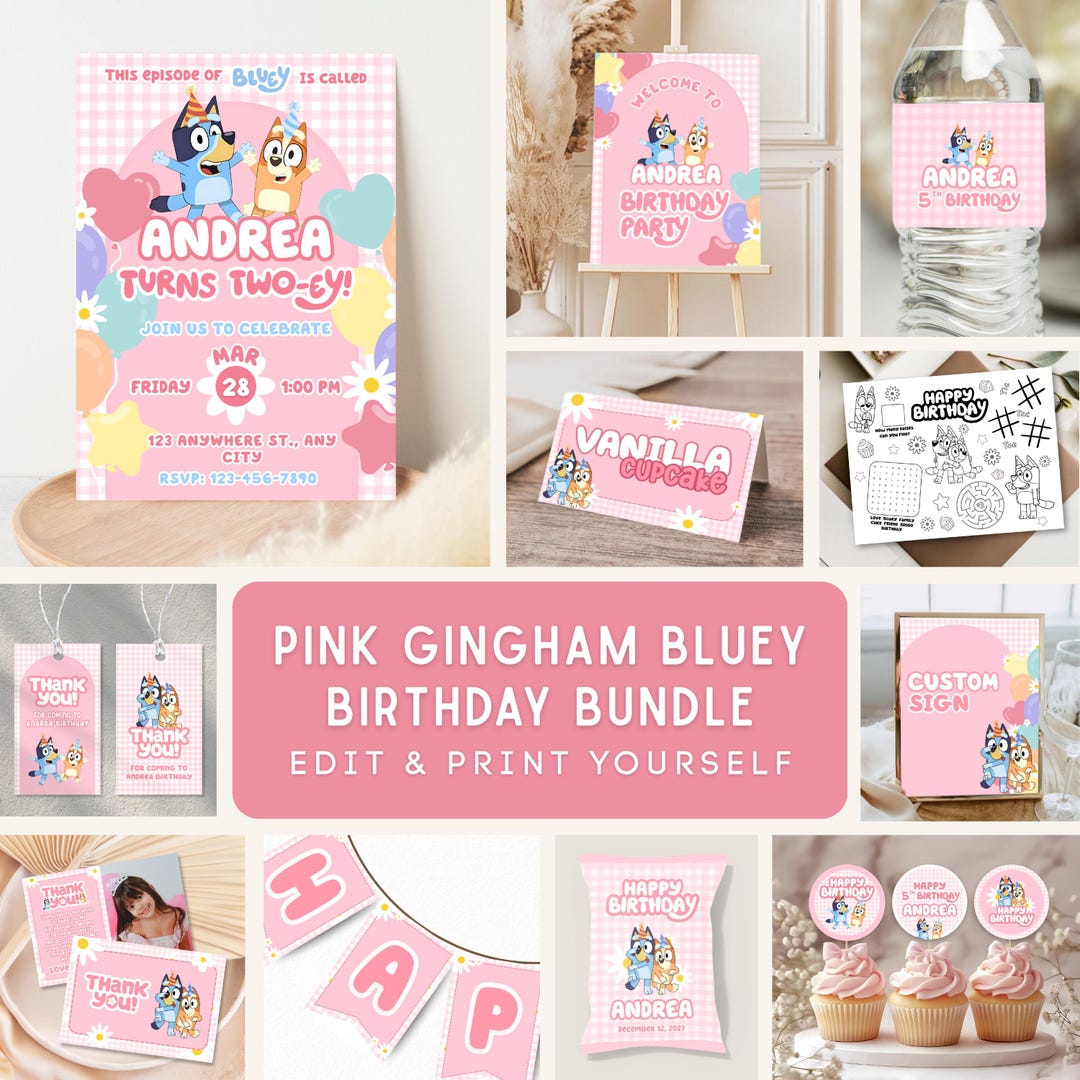 Editable Pink Bluey Birthday Bundle Girl Bluey Party Kit Printable ...