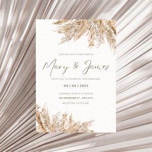 Modèle de faire-part de mariage herbe des pampas Carte d'invitation de mariage herbe bohème à imprimer incitation au mariage des pampas