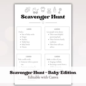 Puede incluir: Un juego de búsqueda del tesoro para baby shower en blanco y negro. El juego incluye indicaciones como encontrar calcetines de bebé, un pañal y un chupete. El texto "Scavenger Hunt - Baby Edition" se muestra en la parte inferior.